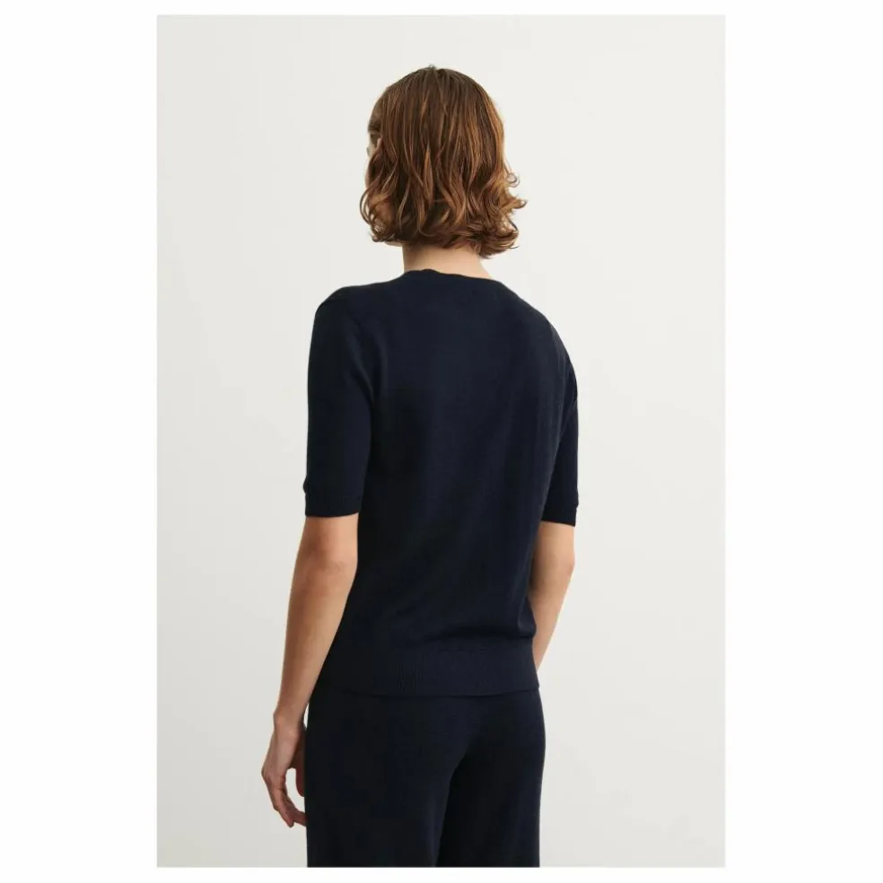 Pull Manches Courtes Pointelle Laine Mérinos - Collection Femme | Bleu marine