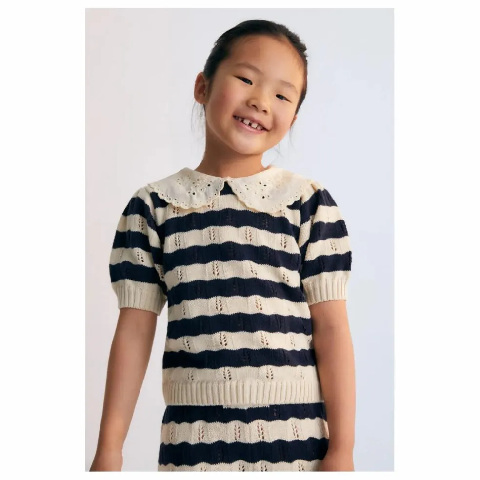 Pull Manches Courtes Rayures Marina Coton Bio | Bleu marine