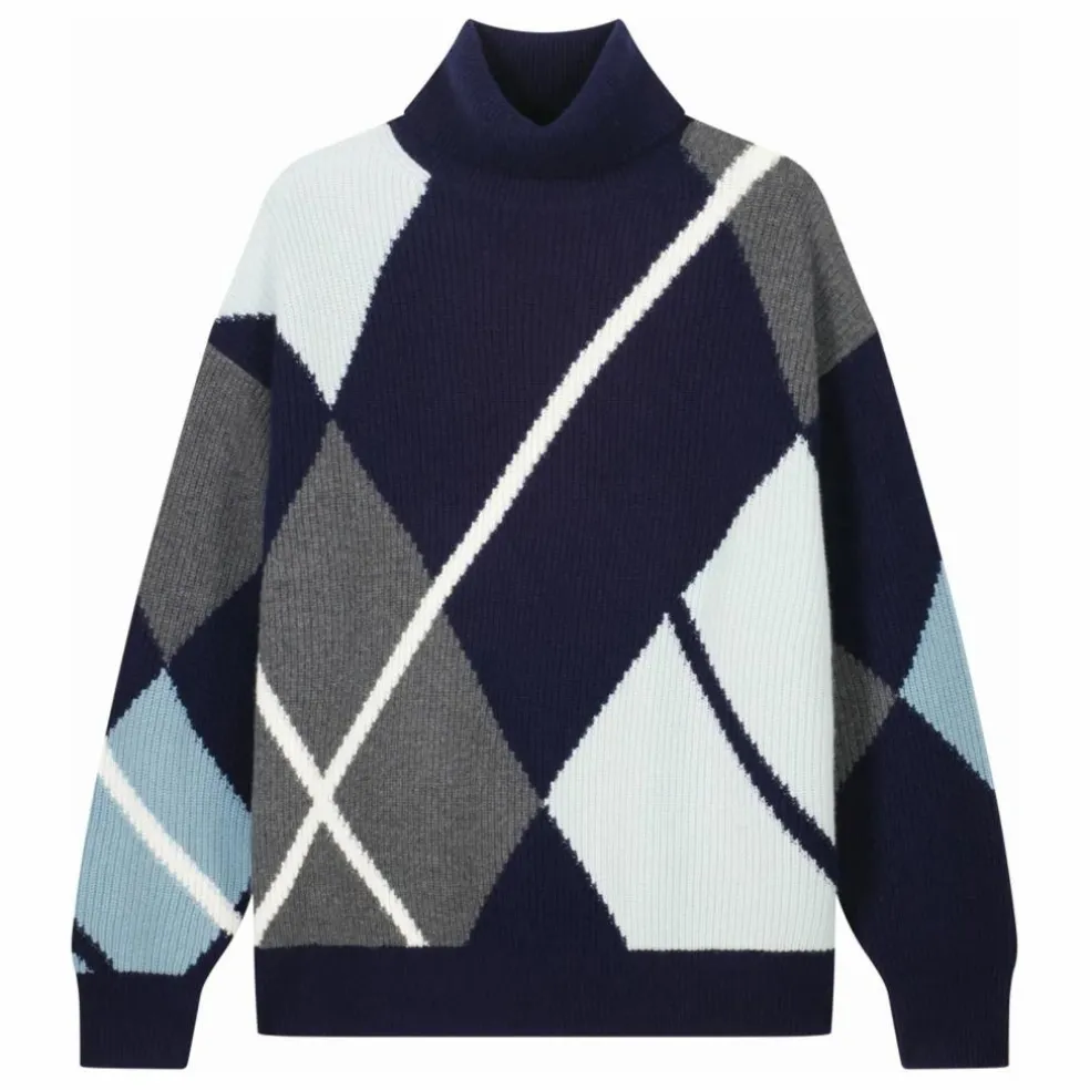 Pull Oversize Argyle Intarsia Cachemire | Bleu marine