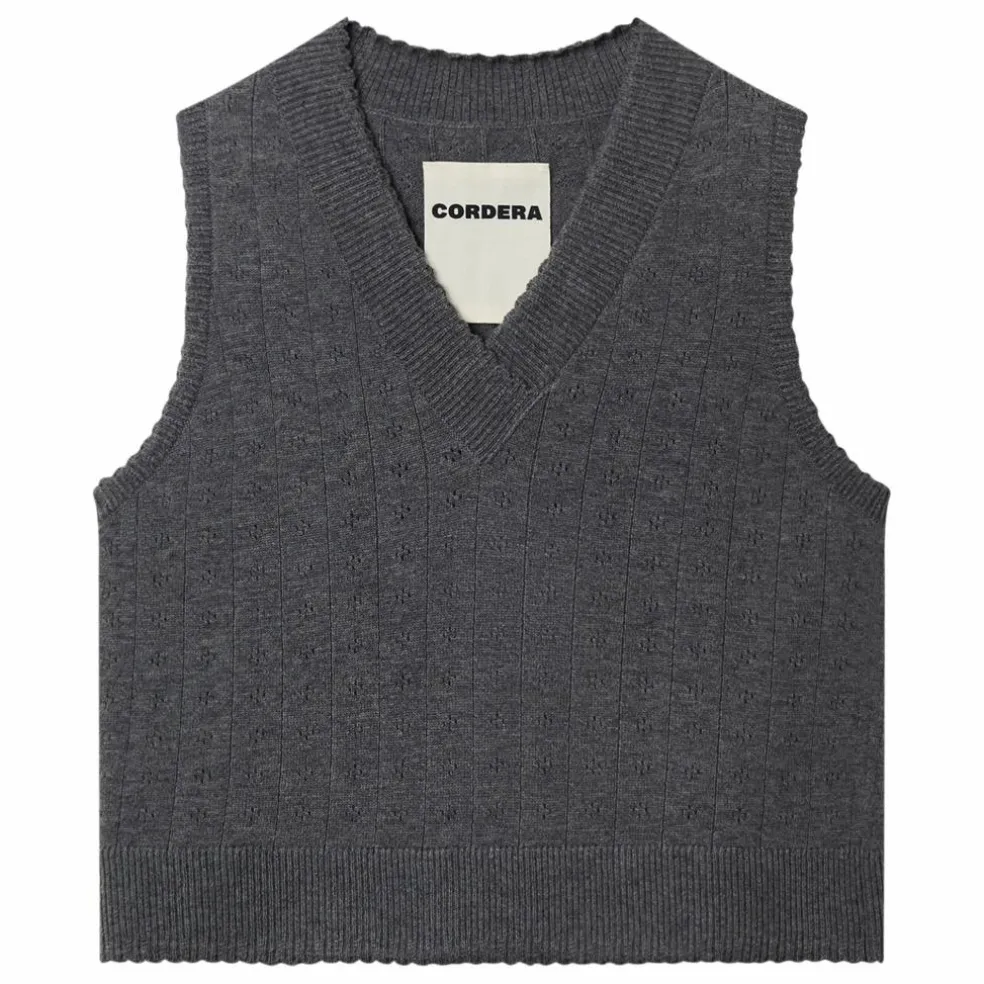 Pull Sans Manches Col V Pointelle Laine Mérinos | Gris