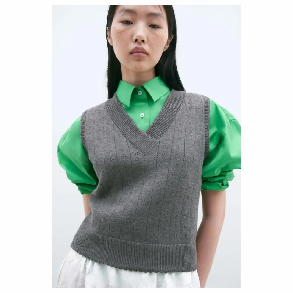 Pull Sans Manches Col V Pointelle Laine Mérinos | Gris