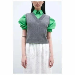 Pull Sans Manches Col V Pointelle Laine Mérinos | Gris