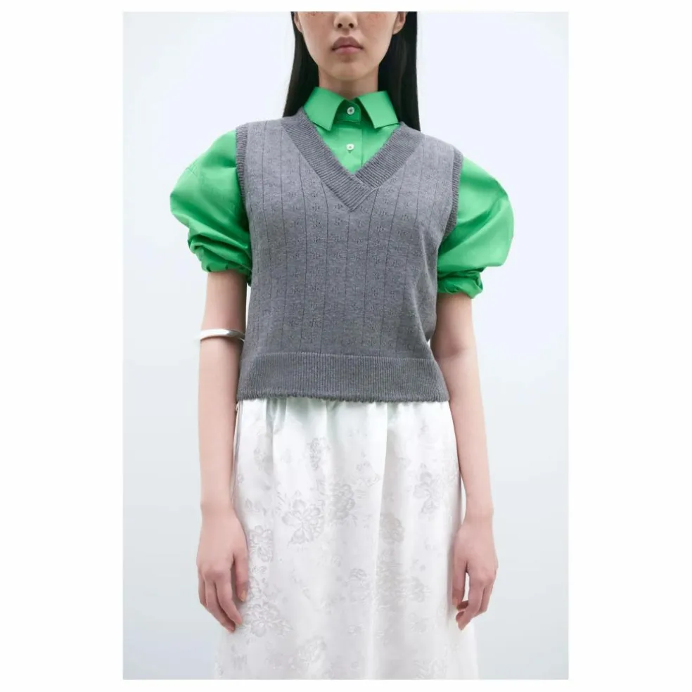 Pull Sans Manches Col V Pointelle Laine Mérinos | Gris