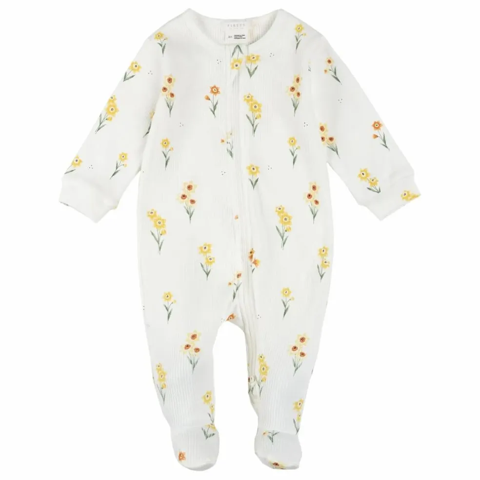 Pyjama Avec Pieds Côtelé Jonquilles Coton Bio | Ivoire
