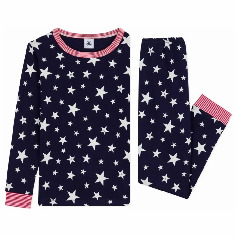 Pyjama Etoiles Col Rayé Coton Bio | Bleu nuit