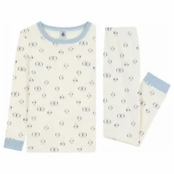 Pyjama Oiseaux Col Rayé Coton Bio | Ecru
