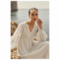 Robe Brodé Manches Longues en Coton Bio | Blanc cassé