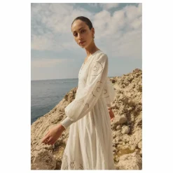 Robe Brodé Manches Longues en Coton Bio | Blanc cassé