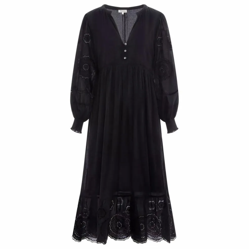 Robe Brodé Manches Longues en Coton Bio | Noir
