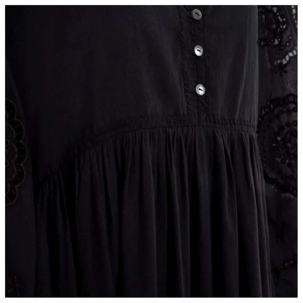 Robe Brodé Manches Longues en Coton Bio | Noir