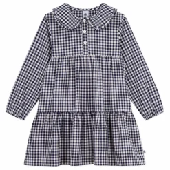 Robe Col Claudine Carreaux Coton Bio | Bleu marine