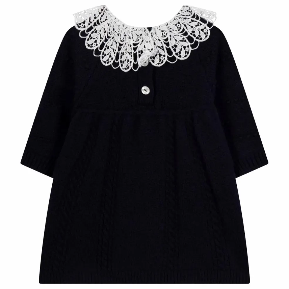 Robe Col Dentelle Laine | Bleu marine