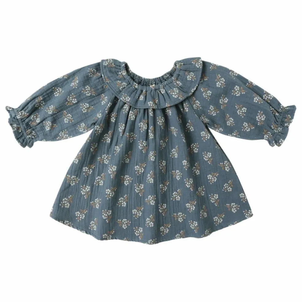 Robe Isla Fleurie Gaze de Coton Bio | Bleu gris
