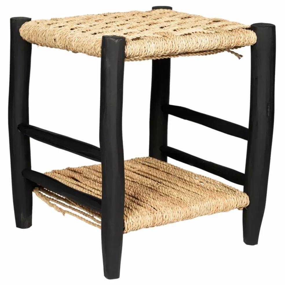 Table de nuit en bois peint et palme | Noir