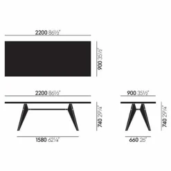 Table EM en chêne naturel huilé 220x90 cm - piètement noir - Jean Prouvé | Chêne