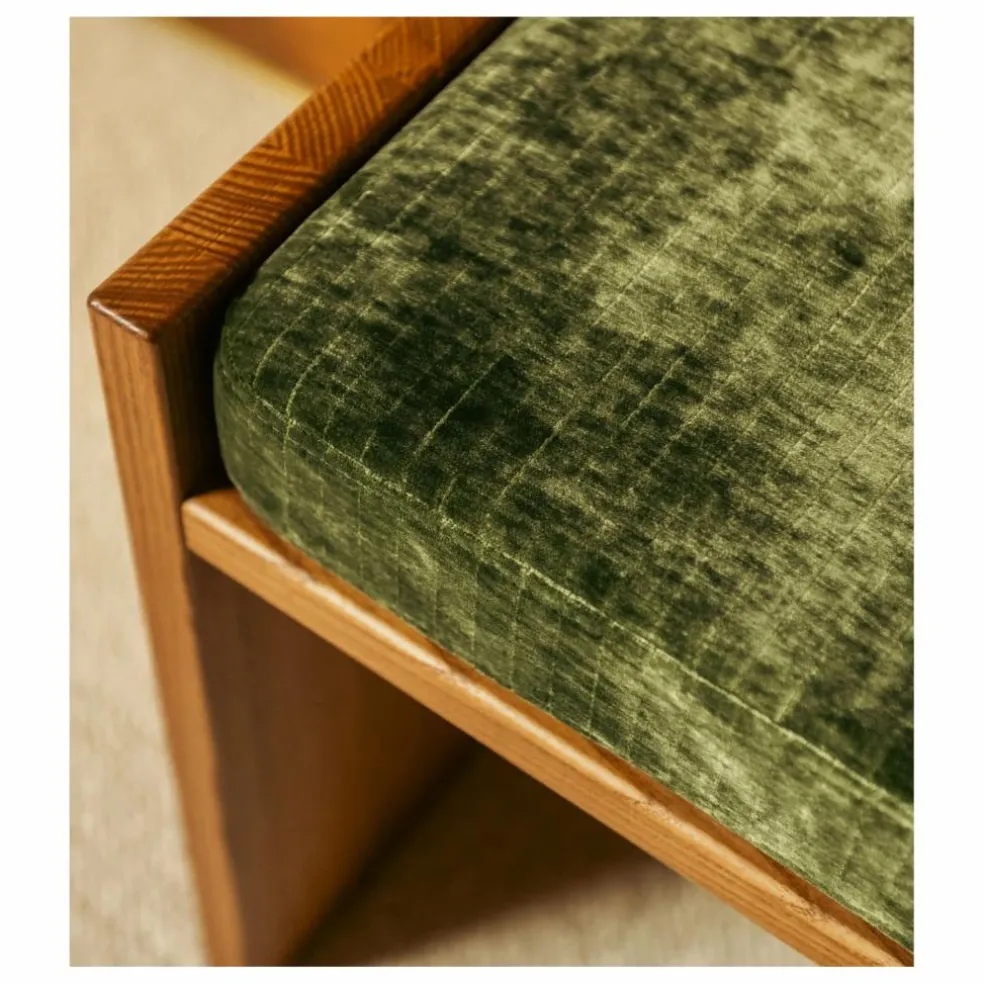 Tabouret Chiesa velours côtelé brillant et frêne finition iroko | Vert olive