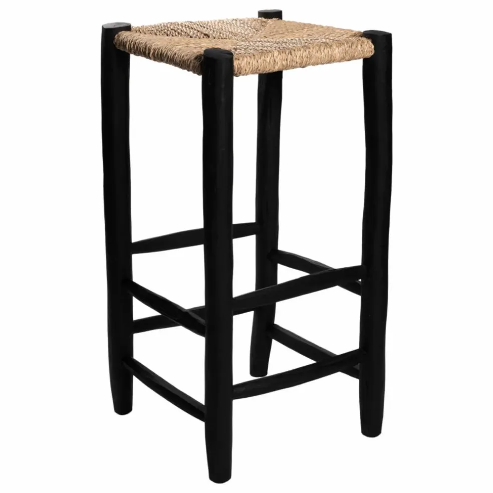 Tabouret de bar en bois peint et palme | Noir