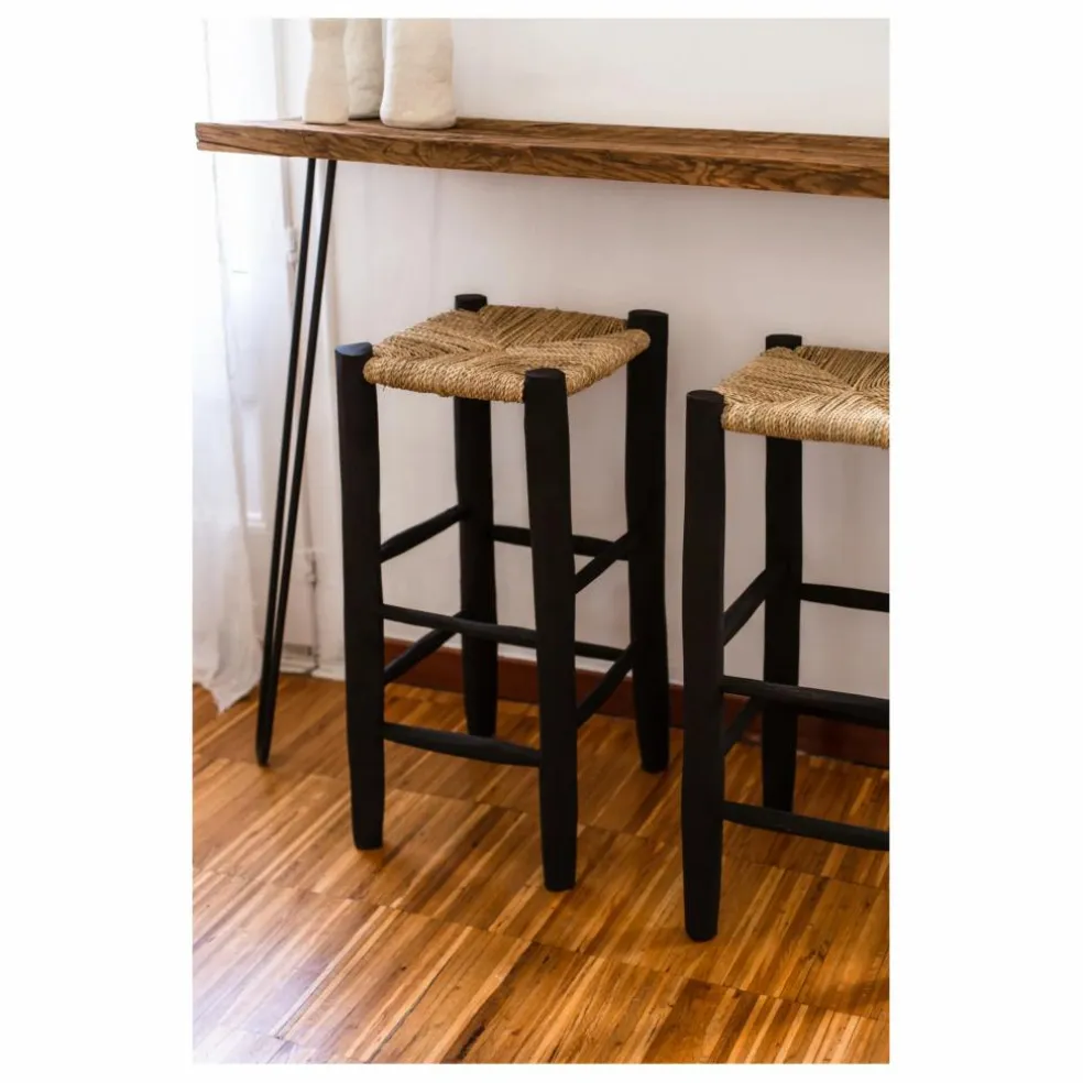 Tabouret de bar en bois peint et palme | Noir