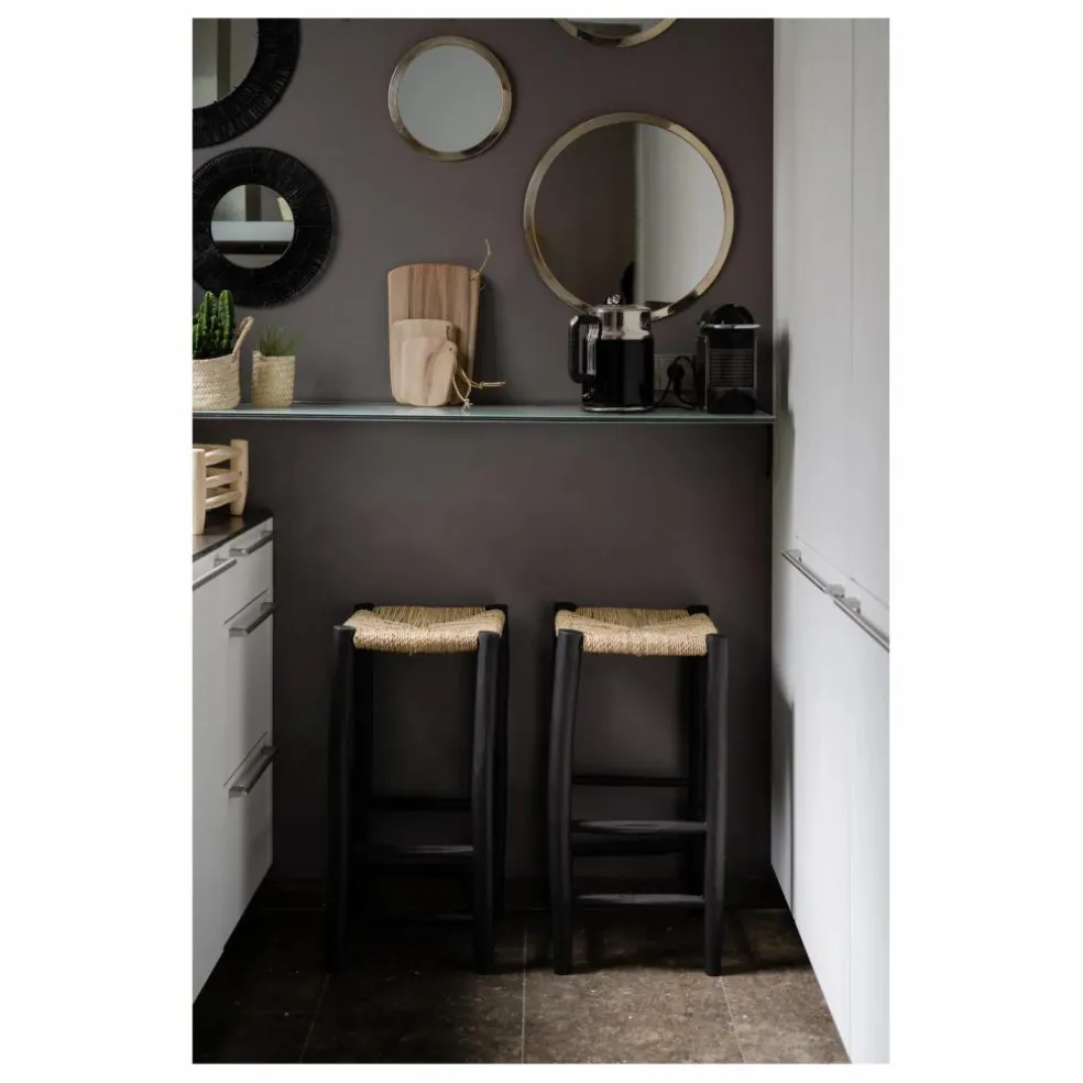 Tabouret de bar en bois peint et palme | Noir