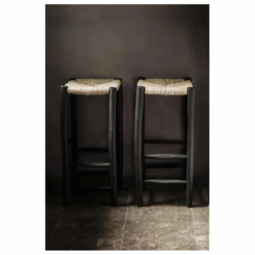 Tabouret de bar en bois peint et palme | Noir