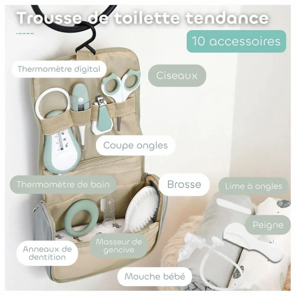 Trousse de toilette avec 10 accessoires | Sauge
